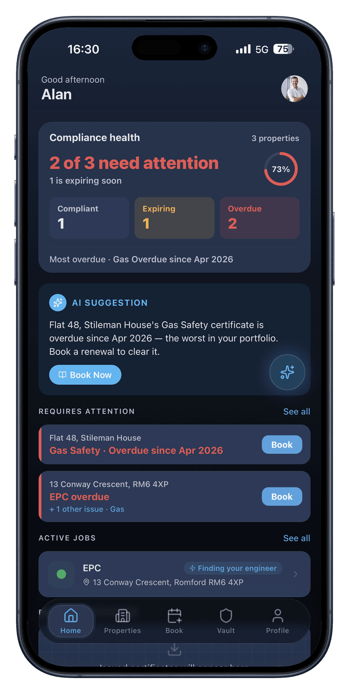 CertNow mobile app — home screen showing compliance score and booking options